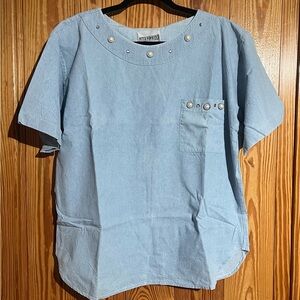 VTG Peter Popovitch Light Blue Denim Distressed Pearl Rhinestone Beaded Top USA